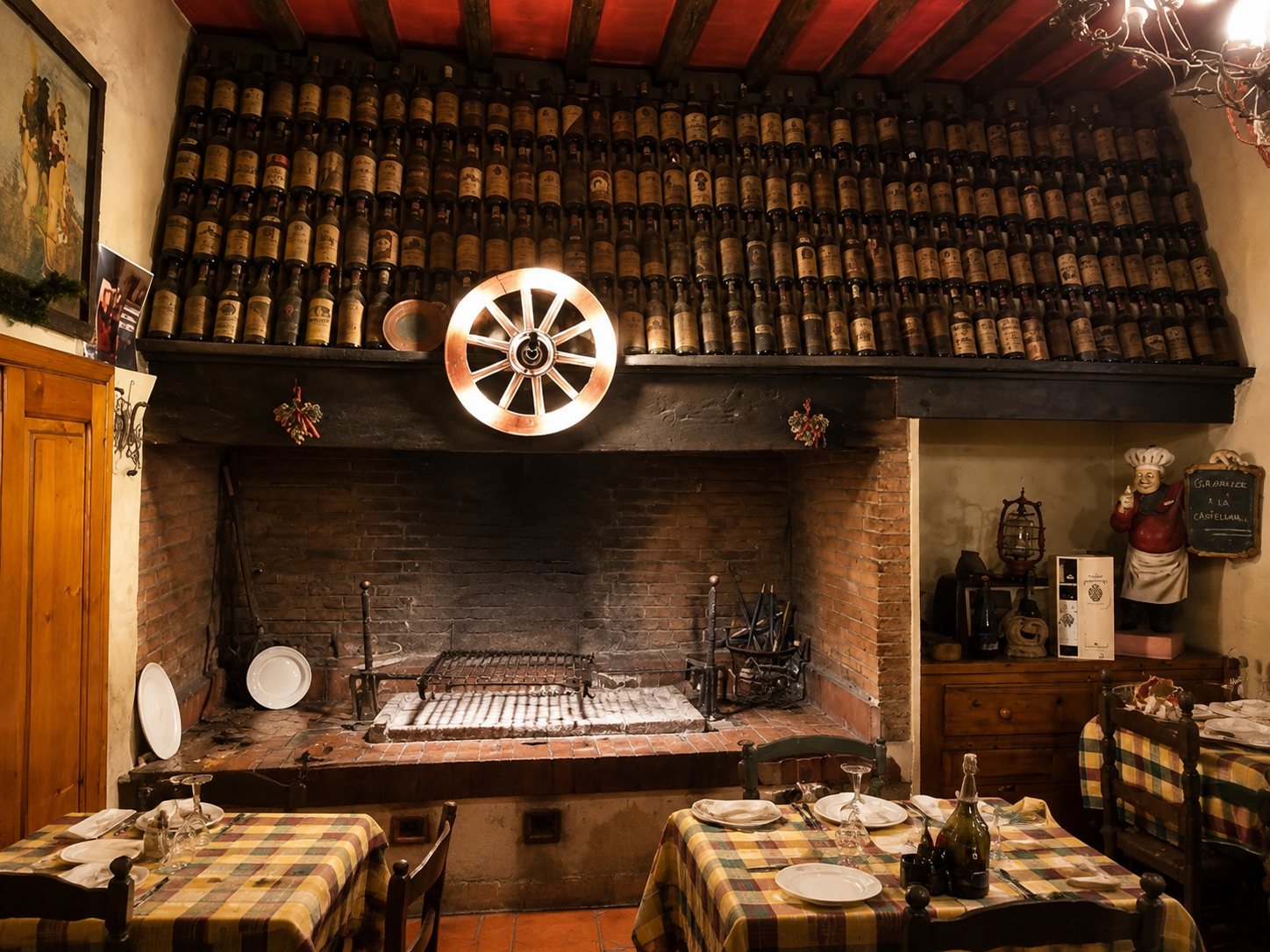 Sala storica con camino e bottiglie dell'osteria